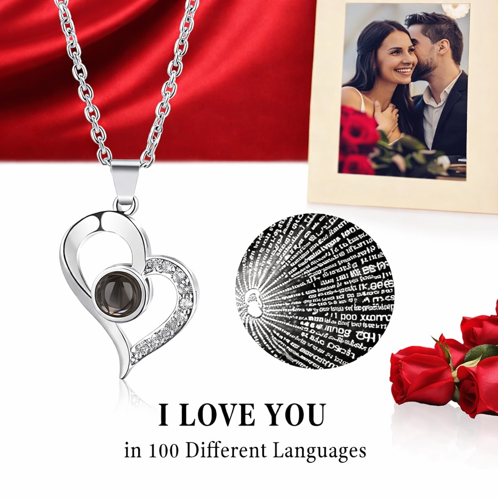 Valentine Rose Teddy Bear W/ I Love You in 100 Languages Necklace – Romantic Jewelry Gift for Her/Him